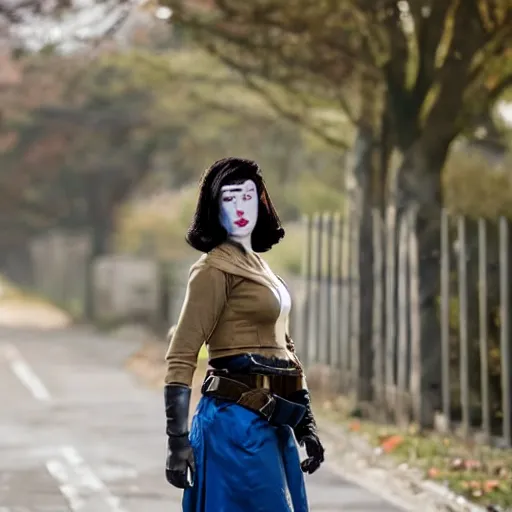 Prompt: Beautiful elegant female with smudged face, cosplaying as the Fallout 4 sole survivor, photographed on a slight overcast day on dilapitated street on Ikeshima island, Nikon D7100 with a Nikon 50mm F1.8, a Nikon 85mm F1.8, Golden hour, expressive face,