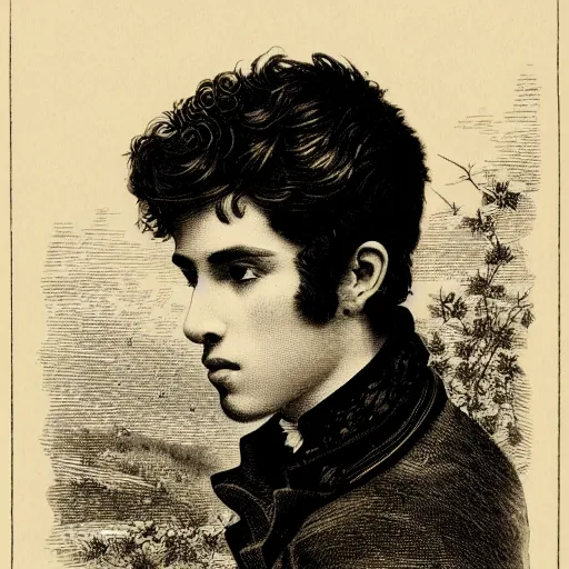 Image similar to A beautiful 19th century wood-engraving of a young Spanish man, by Édouard Riou Jules Férat and Henri de Montaut, highly detailed, fine Art, high detail, masterpiece, illustration, clear eyes, trending on artstation