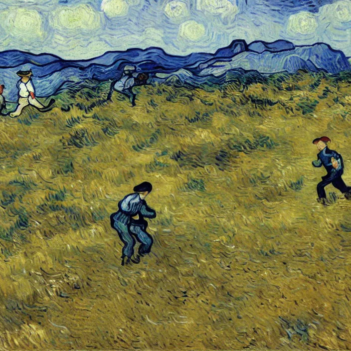 Image similar to adult man and woman playing on the open moorland, painting by van gogh