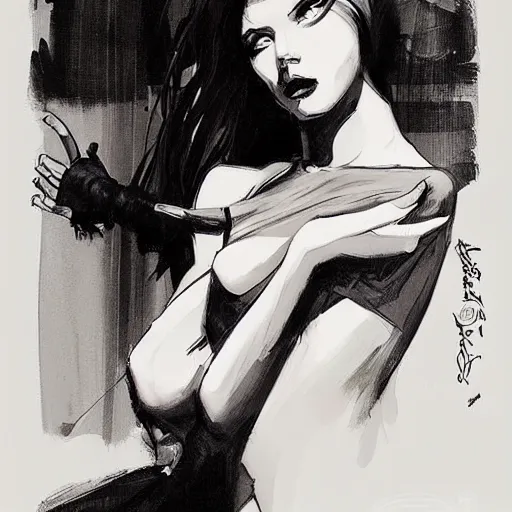 Prompt: gal godat in a noir hotel room by artgerm, jeffrey catherine jones