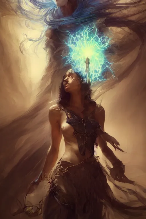 Image similar to beautiful girl necromancer, witch, storm clouds, thunder in hands, casting magic spell, angel, 3 d render, hyper realistic detailed portrait, holding electricity and flowers, ruan jia, wlop. scifi, fantasy, magic the gathering, hyper detailed, octane render, concept art, peter mohrbacher