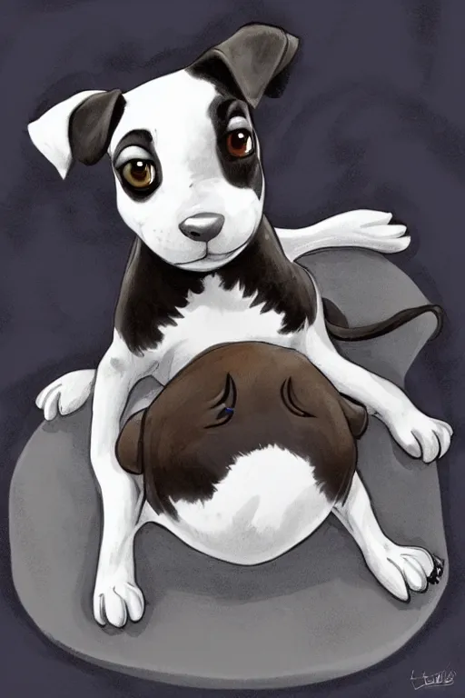 Image similar to cute jack black and white russel terrier laying on dog bed, large round eyes, concept art, game art, character design, fantasy illustration, sketch by cory loftis and bill schwab