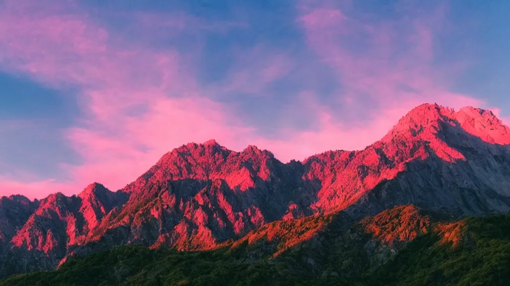 Image similar to Beautiful lush mountains under the pink clouds backlit by the sun