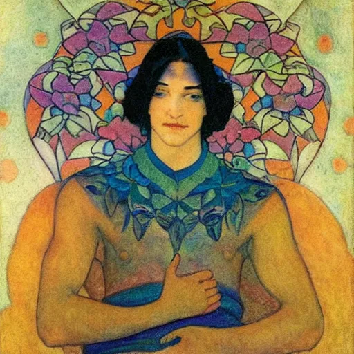 Prompt: the flower prince, by Annie Swynnerton!!!! and Nicholas Roerich! and (Edmund Dulac) and ((((Diego Rivera)))), tattoos, elaborate costume, geometric ornament, symbolist, rich colors, dramatic lighting, smooth, sharp focus, extremely detailed