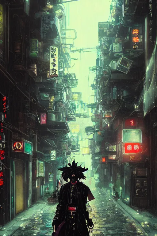 Prompt: a cyberpunk samurai in a raining cobblestone alleyway in tokyo, neon lights, full moon, fog cinematic greg rutkowski anime art jojo's bizarre adventure cowboy bebop