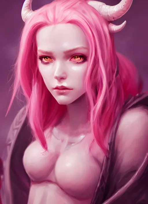 Image similar to a highly detailed illustration of cute smug pink haired pale demon girl with curved horns wearing oversized pink hoodie, dramatic smirk pose, intricate, elegant, highly detailed, centered, digital painting, artstation, concept art, smooth, sharp focus, league of legends concept art, wlop.