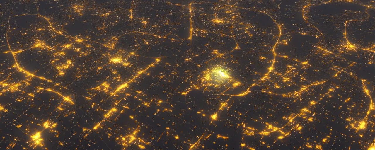 Prompt: a satellite image of city lights, cell automata, unreal engine, octane render, detailed and intricate, cloudy, global illumination, volumetric lighting, hubble telescope images, james webb telescope images, detailed and intricate environment, color graded