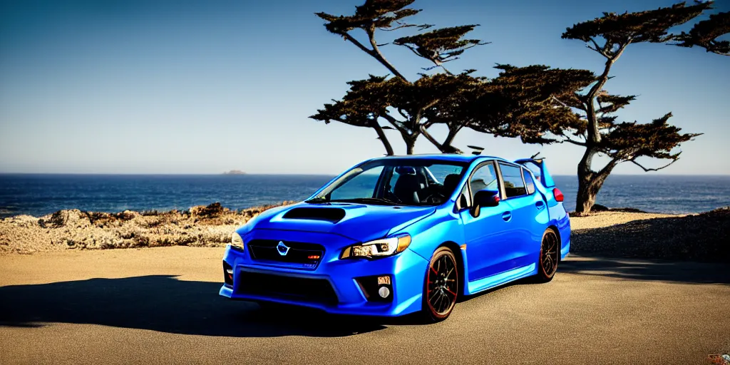 Image similar to photograph, 2013 Subaru WRX STi, hatchback, cinematic, california coast, ocean view, 8k, depth of field, bokeh.