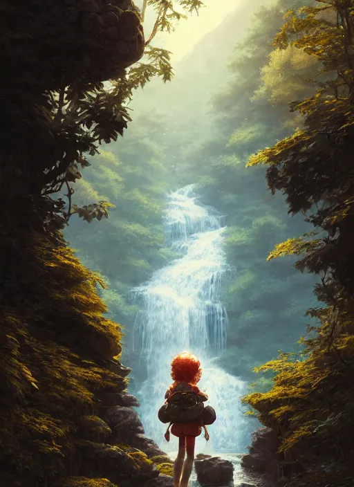 Prompt: detailed intricate digital illustration by greg rutkowski and artgerm and wlop and sanford robinson gifford ; young red - haired explorer girl with a backpack, ancient forest, shimmering waterfall in background ; 1 3 mm film, arri alfa anamorphic lens ; sharp focus, golden hour lighting, trending on artstation 4 k