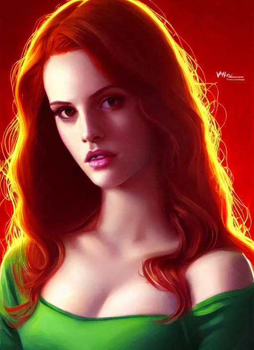 Image similar to full body portrait of teenage cheryl blossom, bangs, green eyes, mischievous expression, red hair, sultry smirk, bangs and wavy hair, intricate, elegant, glowing lights, highly detailed, digital painting, artstation, concept art, smooth, sharp focus, illustration, art by wlop, mars ravelo and greg rutkowski