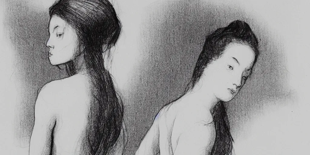 Prompt: ink lineart drawing of beautiful woman, bare back, looking over her shoulder, white background, etchings by goya, chinese brush pen illustration, high contrast, deep black tones, contour