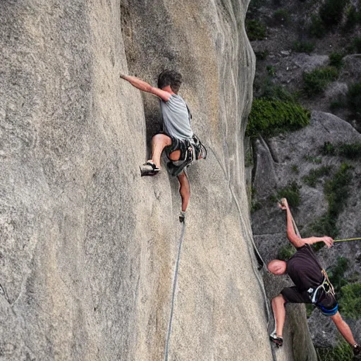 Image similar to two men rock climbing, photorealistic