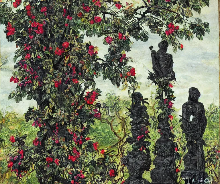 Image similar to colorful painting of black vines with black roses, wrapped around old statues in a garden