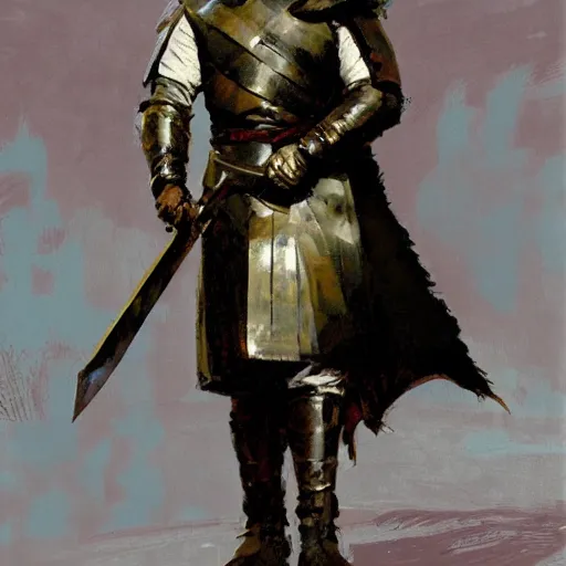 Image similar to man wearing gambeson and sallet helmet and raised sword, detailed by greg manchess, craig mullins, bernie fuchs, walter everett