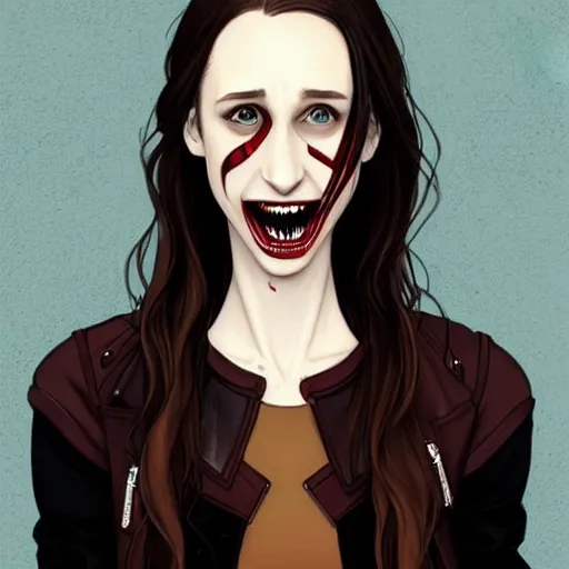 Image similar to pretty female Taissa Farmiga vampire, Jamie McKelvie comic art, Peter Mohrbacher sharp vampire teeth, sarcastic smile showing teeth, symmetrical eyes, realistic face, symmetrical face, brown leather jacket, jeans, long black hair, full body