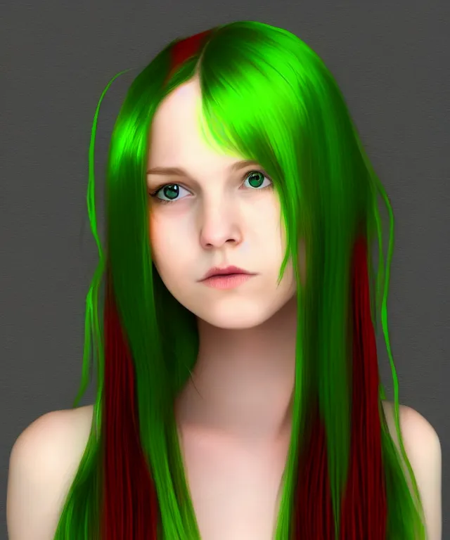 Image similar to Fae teenage girl, portrait, face, long red hair, green highlights, fantasy