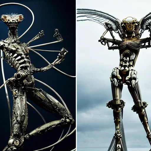 Image similar to still frame from Prometheus movie by Makoto Aida, biomechanical orchids mantis angel archangel gynoid by giger, metal couture by neri oxmn and Guo pei, editorial by Malczewski and by Caravaggio