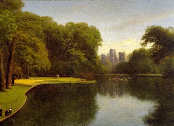 Image similar to central park, new york in 1 9 3 0 in the style of hudson river school of art, oil on canvas