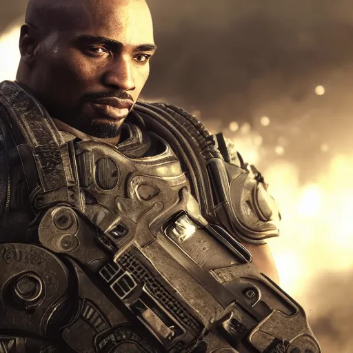 Prompt: Portrait of tupac shakur in Gears of War, splash art, movie still, cinematic lighting, dramatic, octane render, long lens, shallow depth of field, bokeh, anamorphic lens flare, 8k, hyper detailed, 35mm film grain