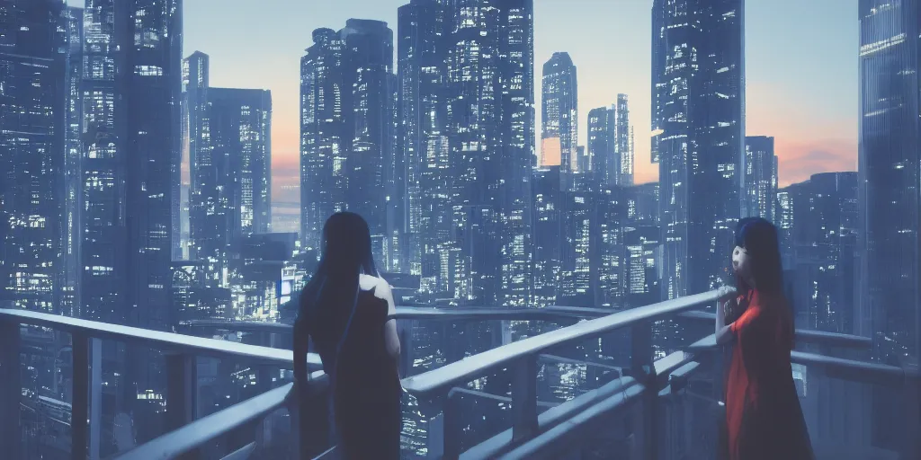 Prompt: Asian woman with blue hair on a balcony looking over a city skyline, sundown, photorealistic, cyberpunk