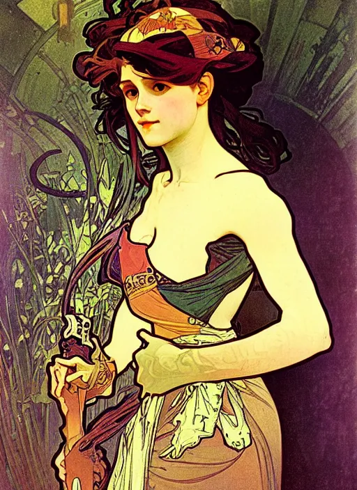 Image similar to a portrait of a pretty sewer punk young lady by alphonse mucha