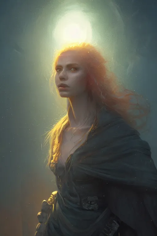 Image similar to closeup realistic portrait of a female necromancer, backlit, oil painting, concept art, filip hodas, john howe, mike winkelmann, jessica rossier, andreas rocha, bruce pennington, albert bierstadt, 4 k