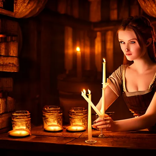 Image similar to young attractive beautiful bar maid in a medieval tavern illuminated by candles at night, wow 4 k detail fantasy, matte painting, realistic materials, photo realistic, postprocessing, cinematic, hyperrealistic, studio lighting, photography by richard jenkins