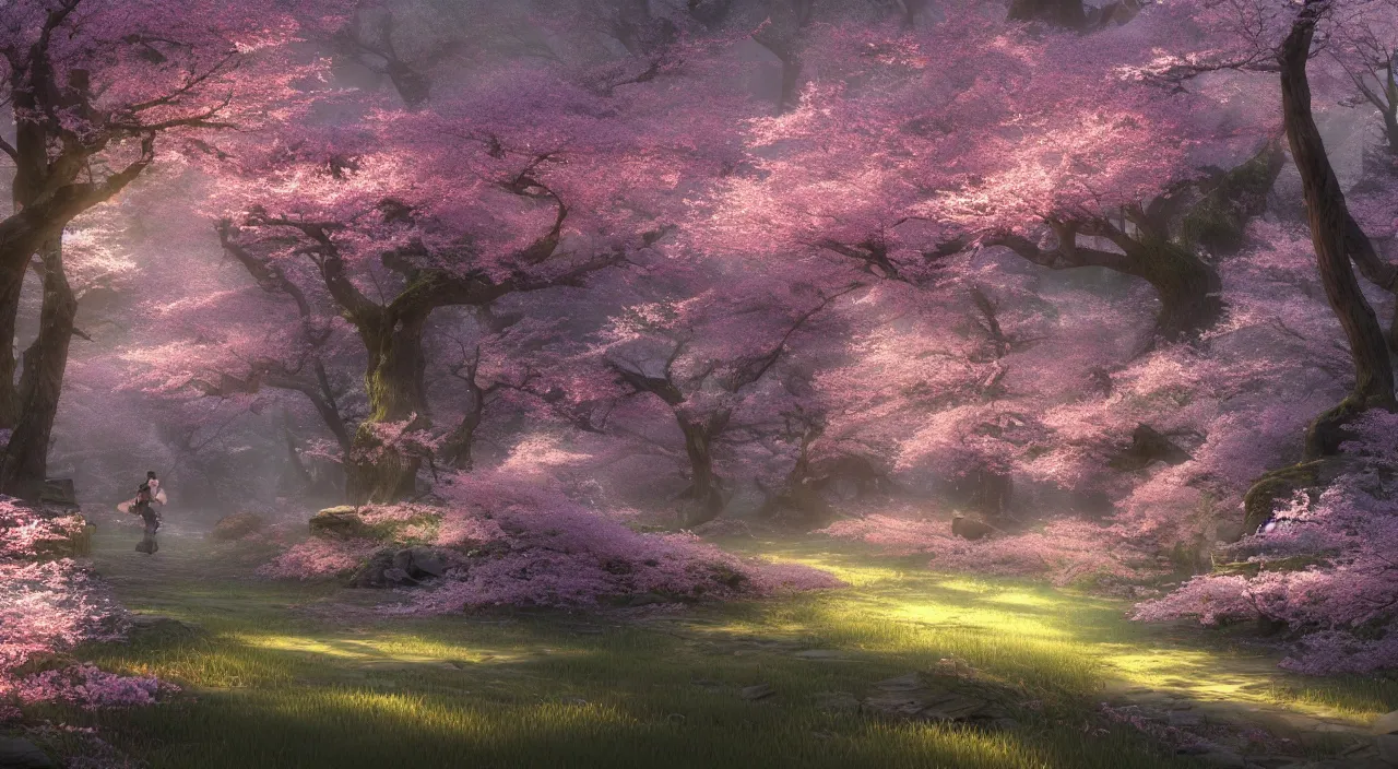 Prompt: Rendering of a scene with cherry blossom forest，by Makoto Shinkai and Thomas Kinkade, fantasy matte painting, trending on cgsociety and unreal engine，light effect，highly detailed，super wide angle，