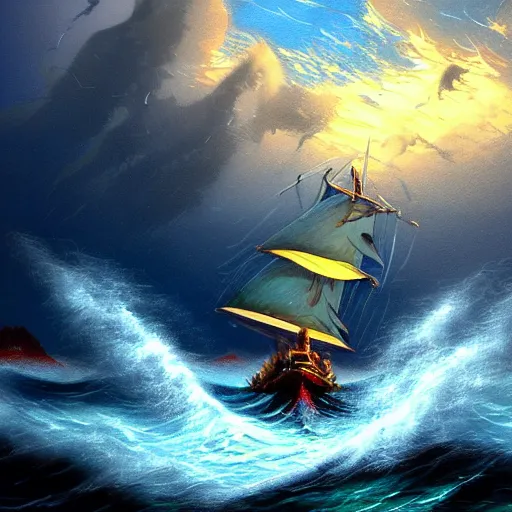 Prompt: in the style of Dale Keown, artgerm, Thomas Kinkade, sea dragon coming out of the water to attack a boat, rough seas, night, lighting, cinematic lighting, realistic