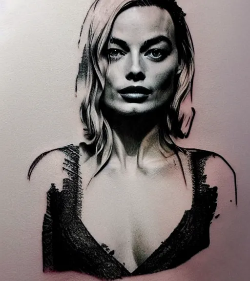 Image similar to tattoo design sketch double exposure of margot robbie with beautiful mountain scenery mash up, in the style of arlo dicristina, surrealist, amazing detail, sharp