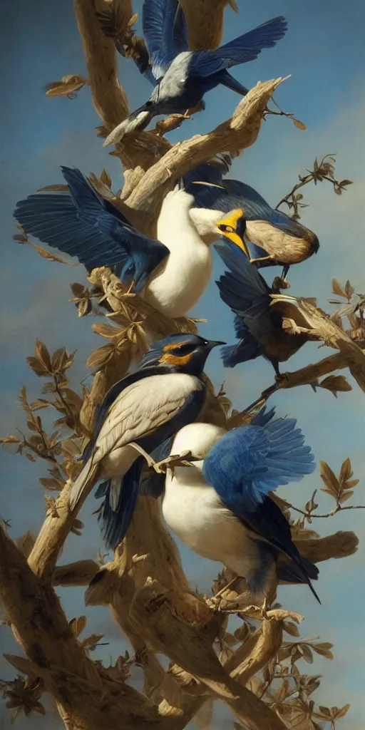 Prompt: highly detailed beautiful photography of birds, sharp focus, dramatic, dynamic, lighting, elegant, blue background, harmony, beauty, masterpiece, by roberto ferri, by durero