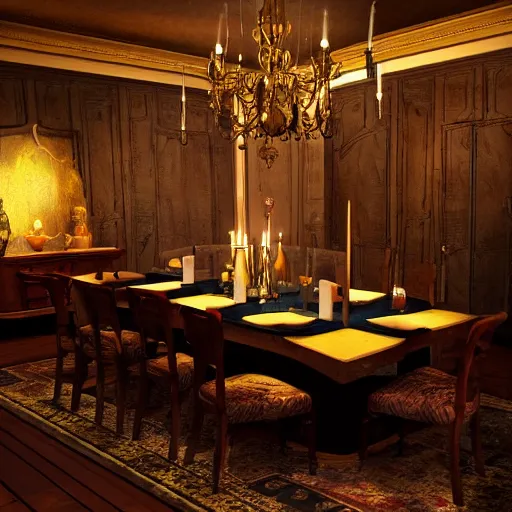 Prompt: dining room in a dark mansion, realistic, highly detailed, rests of food, candle lighting