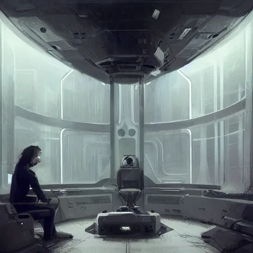 Image similar to concept art by greg rutkowski, a very tall, and slender man with messy blond hair and beard, wearing a black sweater, sitting in the spaceship command bridge, brutalist futuristic interior, dark lighting atmosphere, detailed portraits, nostalgic atmosphere, scifi, digital painting, artstation, concept art, smooth, sharp foccus ilustration, artstation hq