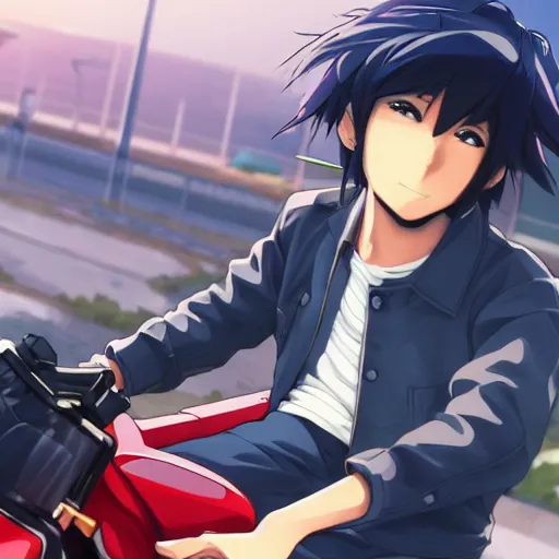 Prompt: close up of a high definition anime guy with dark blue hair and streetwear clothing riding a 1990 black honda c90 with armenia quindio in the background , Artwork by Makoto Shinkai, pixiv, 8k, official media, wallpaper, hd