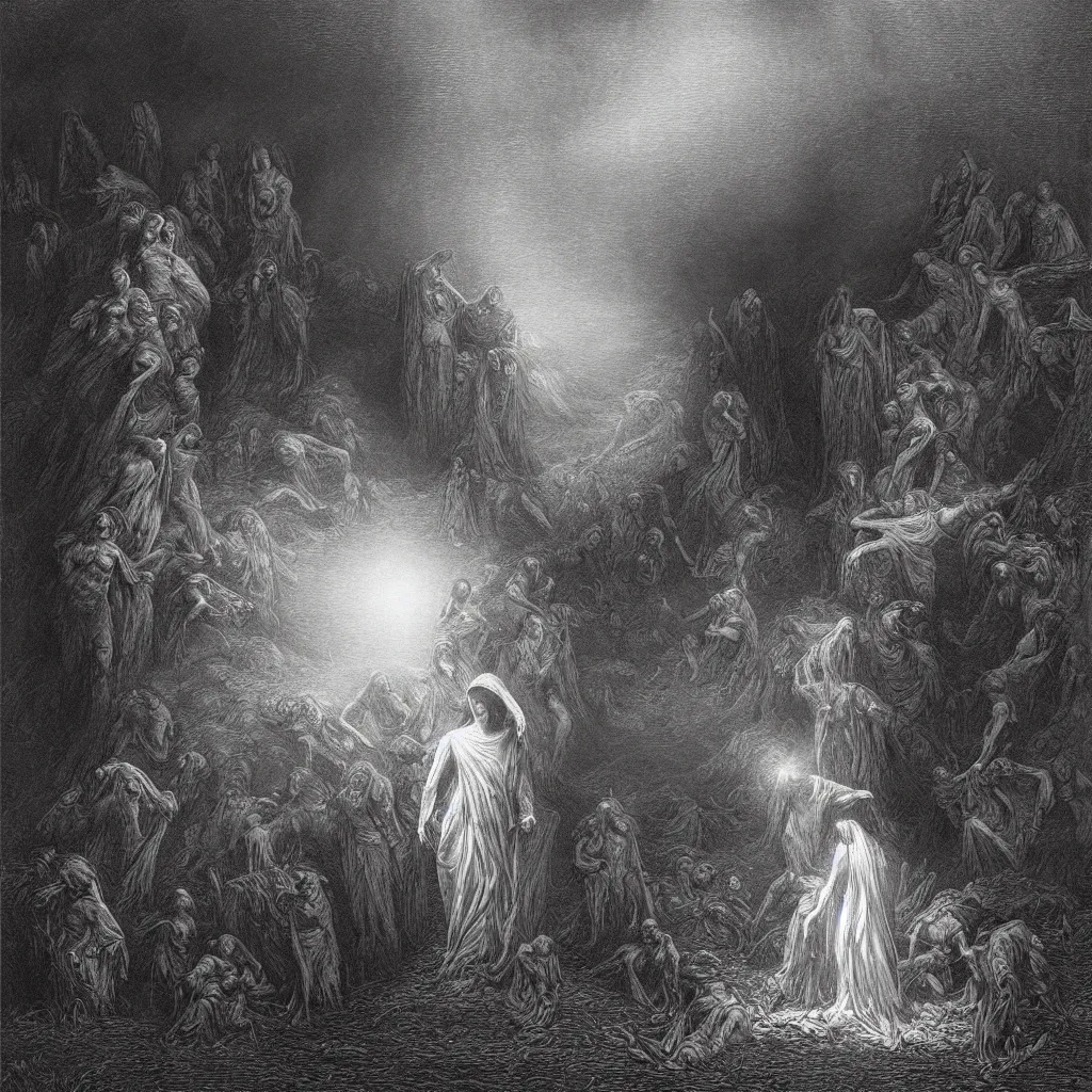 Prompt: the resurrection, creepy atmosphere, dark, portrait, realistic, very realistic, illustration by gustave dore