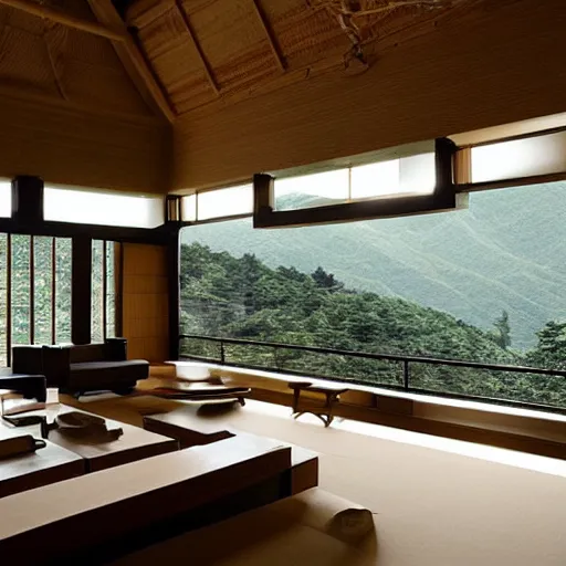 Prompt: “extravagant luxury mountain hotel, in hakone, by Tadao Ando and Kuma Kengo, modern rustic”