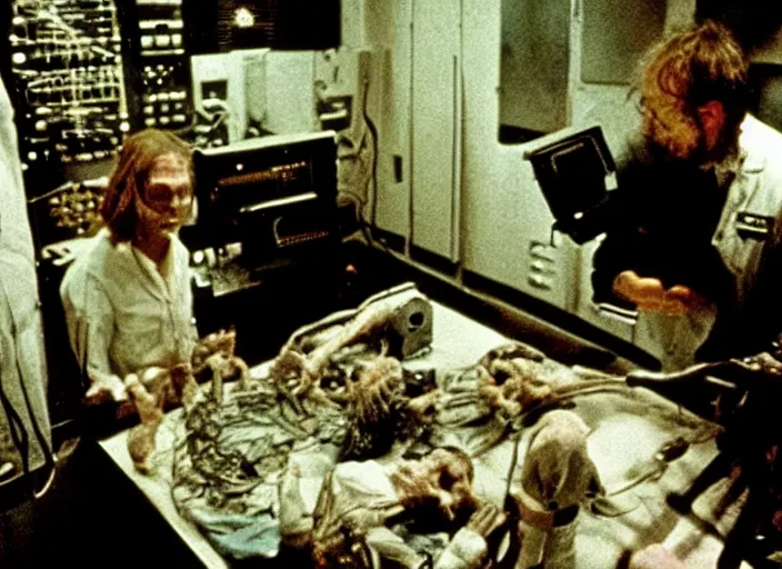 Prompt: disturbing 3 5 mm photography of a dissection of an alien in the operations room horror film practical fx by david cronenberg ridley scott 1 9 7 0