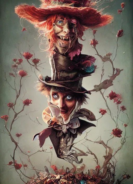 Image similar to mad hatter the magician tarot card, highly detailed, cinematic, 8 k, by stanley artgermm, tom bagshaw, greg rutkowski, carne griffiths, ayami kojima, beksinski, giger, trending on deviantart, hyper detailed, horror, full of colour