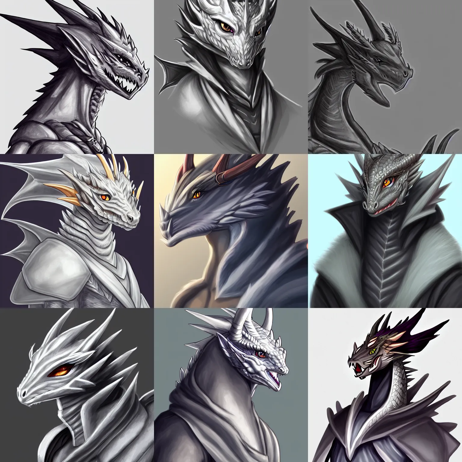 Image similar to very very beautiful half body side angle portrait of a handsome young anthropomorphic silver dragon, soft draconic features, cute eyes, wearing a luxurious silk cloak, commission on furaffinity, artstation, high quality sketch, warm colors