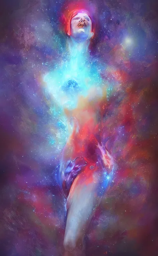 Image similar to the soul detaching from the body in the universe, artstation, digital painting