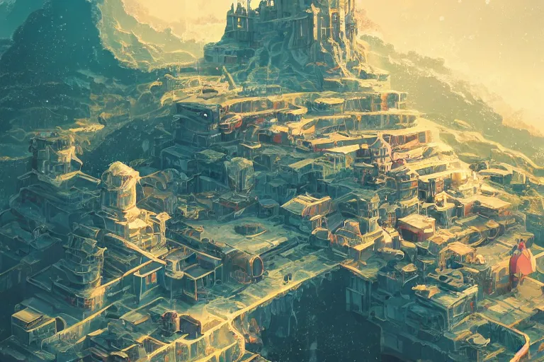Prompt: retro - futurism anime castle on a mountain in clouds with lots of details look from above, northern lights, rule of thirds golden ratio, fake detail, trending pixiv fanbox, acrylic palette knife, style of makoto shinkai studio ghibli genshin impact james gilleard greg rutkowski chiho aoshima
