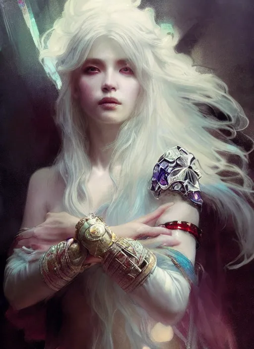 Image similar to a beatiful white haired princess, adorned with precious stone jewelry, intricate concept art, ethereal, ominous, dramatic lighting, Ruan Jia and Jeremy Mann and Alphonse Mucha