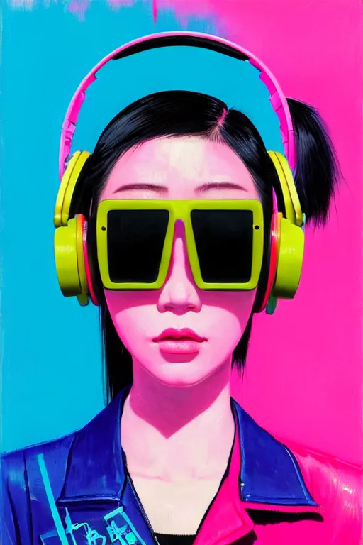 Prompt: portrait of a stylized japanese cyberpunk girl, wearing a bomber : jacket kitty headphones and cyber sun glasses, painted in acrylic, pigment textures, in the colors hot pink and cyan, beautiful realistic face, rule of thirds, spotlight, by greg rutkowski, by jeremy mann, by francoise nielly, by van gogh, by ross tran, in focus