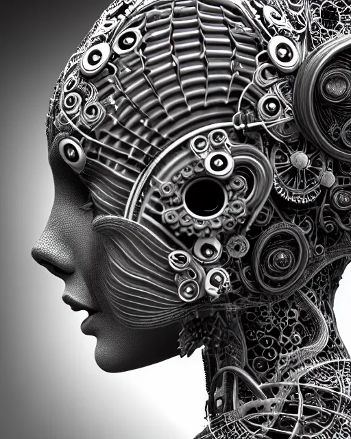 Image similar to mythical black and white organic bio-mechanical spinal ribbed profile face portrait detail of mechanical beautiful female angelic-vegetal-cyborg, highly detailed, intricate steampunk ornate, poetic, 3D render, digital art, octane render, 8K artistic photography, photo-realistic, by Dora Maar