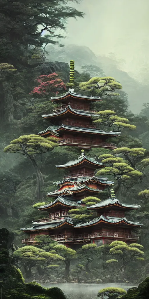 Image similar to japanese style palace on a mountain overgrown by glowing mushrooms, hyper realistic, lush gnarly plants, 8 k, denoised, by greg rutkowski, tom bagshaw, james gurney cinematic lighting