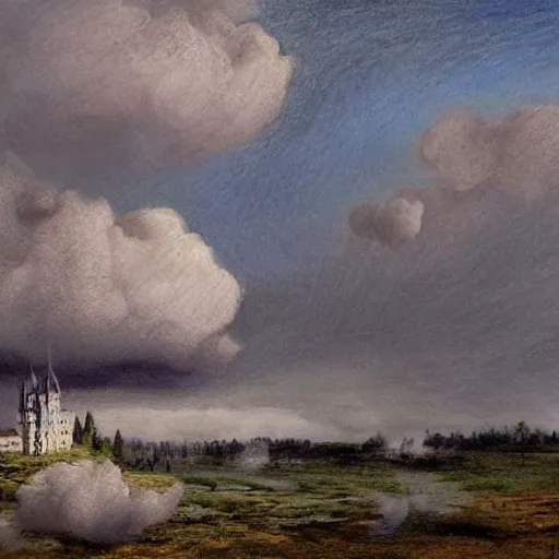 Prompt: A beautiful drawing of a castle in the clouds. rose quartz by Andrea Kowch, by Charles-Francois Daubigny daring