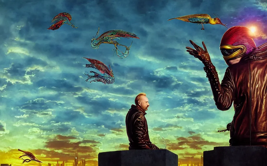 Image similar to realistic detailed portrait movie shot of a birdman wearing leather jacket, futuristic city sunset landscape background by denis villeneuve, amano, yves tanguy, alphonse mucha, ernst haeckel, max ernst, roger dean, rich moody colours, cinematic