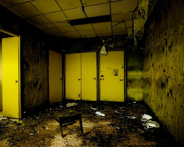 Image similar to the backrooms, the eerie forlorn atmosphere of a place that's usually bustling with people but is now abandoned and quiet, walls with tone of yellow, buzzing fluorescent lights, unsettling images, liminal space