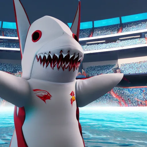 Image similar to Render of a 3D Shark Mascot Costume, with a jersey on, stadium setting, highly detailed, trending on artstation, Unreal Engine 4k