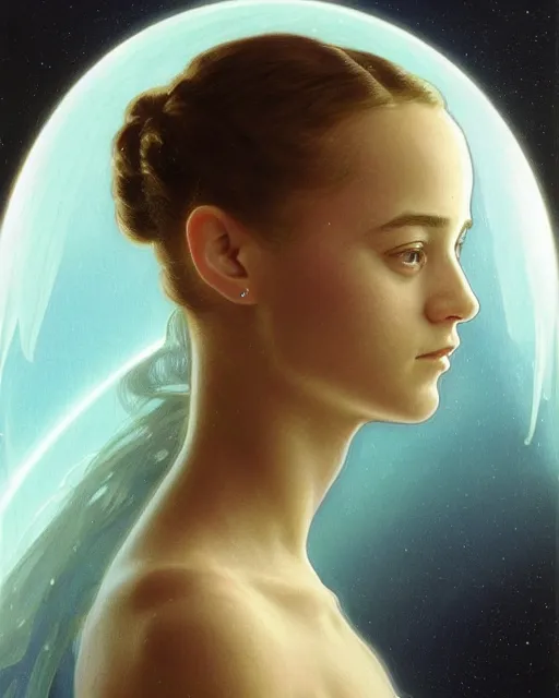 Image similar to a portrait painting of a shy, blushing 1 6 - year old alicia vikander or saoirse ronan as a space princess, backlit, wearing a futuristic translucent iridescent plastic space suit, elegant, highly detailed, artstation, concept art, by krenz cushart and donato giancola and william adolph bouguereau and alphonse mucha